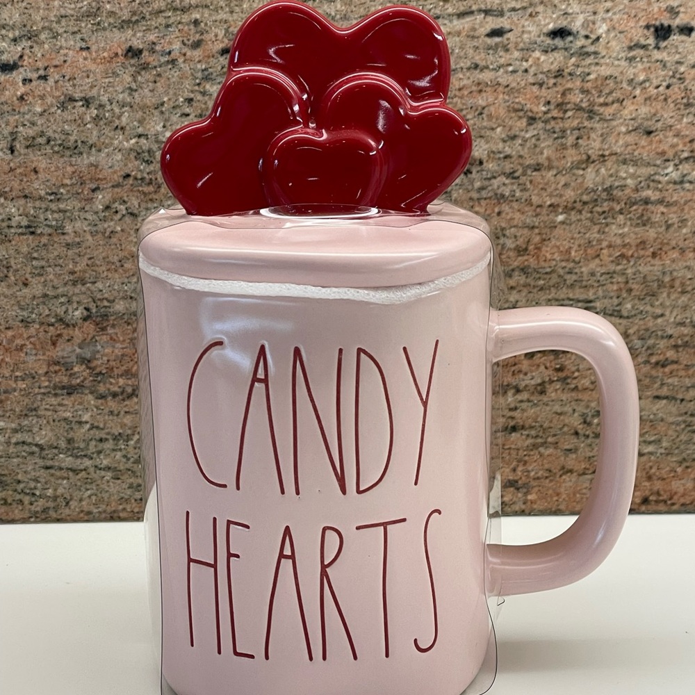 Rae Dunn Candy Hearts Pink Mug with Heart Mug Topper Decor Valentine coffee tea